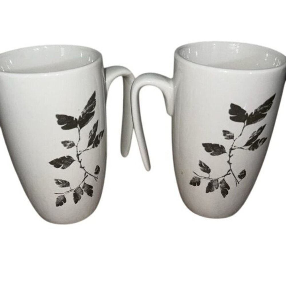 Set Of 2  White Leaf Print Coffee Mugs